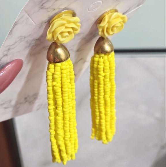 Yellow Rose Beaded Tassel Drop Earrings - Picture 13 of 14